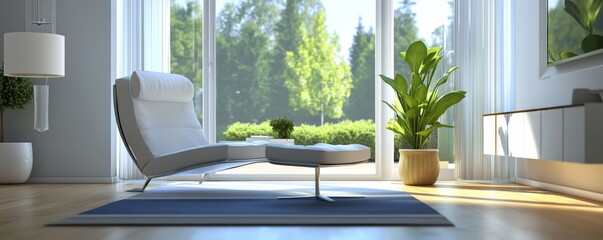 Fototapeta premium Modern living room with a chaise lounge and ottoman.