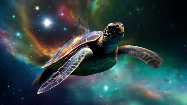 Sea turtle flying in space