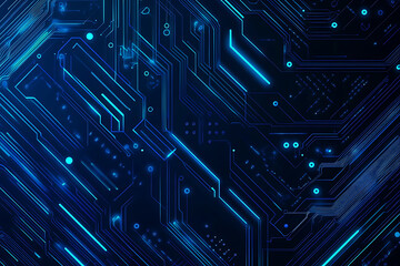  Abstract representation of a circuit board with glowing neon lines and geometric patterns against a dark background. The image evokes a high-tech, futuristic feel with ample copy space
