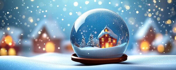 Fototapeta premium Snow globe with a miniature house and falling snow.