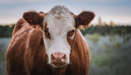 Brown and white cow standing in field, face to camera. Farm animal.