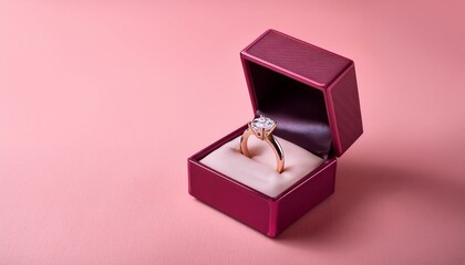 Box with wedding ring isolated on pink background, engagement ring, dating ring, valentine's day