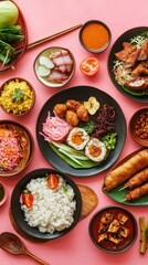 This vibrant arrangement features an array of traditional Indonesian dishes, inviting tastes and aromas from local kitchens for culinary exploration