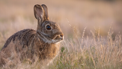 Fototapeta premium Brown bunny sitting in field, face to camera. Wild or farm animal.