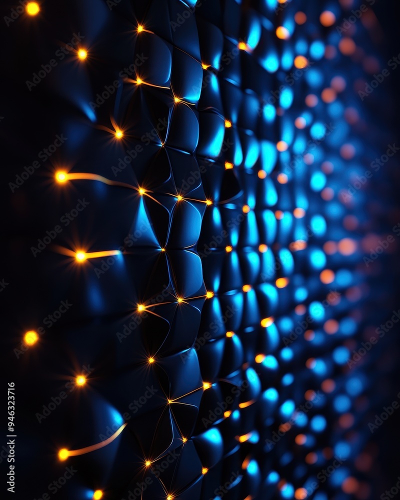 Poster abstract blue and orange illuminated geometric pattern with glowing lights. perfect for technology o