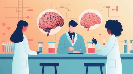 Illustration of scientists developing mental health solutions using biotechnology, Mental health, Biotech