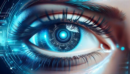 Close-Up View of a Human Eye Enhanced With Futuristic Digital Technology and Holographic Elements