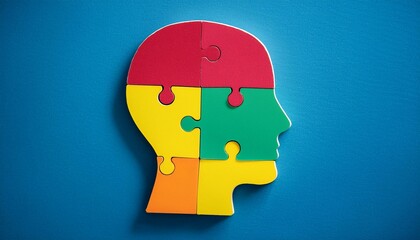 Colorful puzzle head on blue background, concept of plurality of ideas, Generative AI