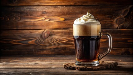 Freshly poured glass of rich, dark beer with creamy foam topping, set against a rustic wooden background, exuding warmth and conviviality.
