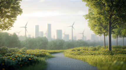 Green park trees, walking path in foreground, distant, blurred view of modern city, wind turbines. Symbolizing sustainable urban living combined environmentally friendly energy production technology.