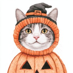 Obraz premium A cute cat dressed in a pumpkin costume with a witch hat, perfect for Halloween-themed designs and festive projects.
