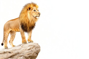Obraz premium Brave little lion standing on a rock, surveying the land, isolated on white, watercolor style