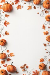 Fototapeta premium A festive autumn scene featuring vibrant pumpkins and colorful leaves arranged on a white background, perfect for seasonal designs.