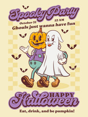 Halloween Groovy Pumpkin and Ghost Retro Characters Poster. Cartoon Spooky Personage Banner. Vector Autumn Holiday Mascot Template. Happy Vintage Cool Illustration Isolated
