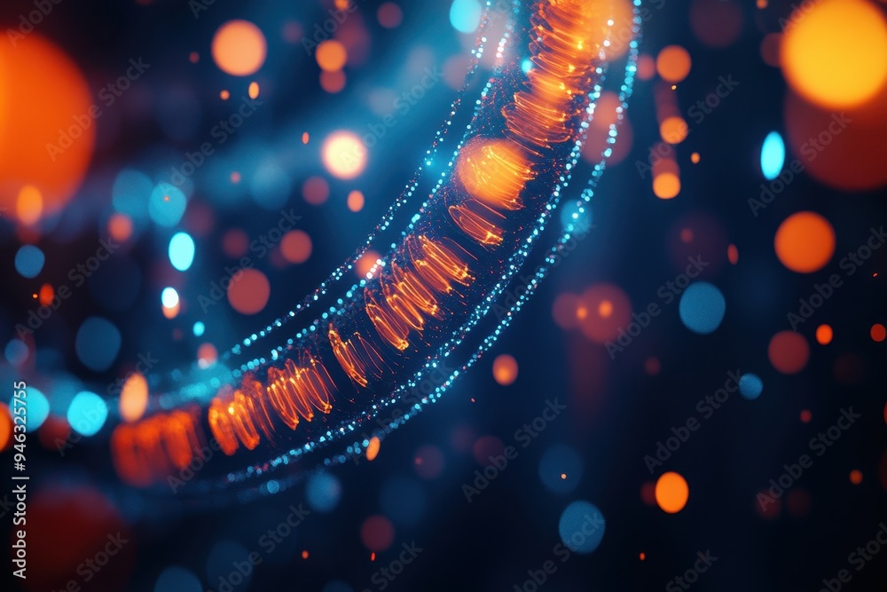 Leinwandbilder Abstract background with vibrant orange and blue bokeh, featuring delicate illuminated particles creating a dynamic and mesmerizing visual effect.