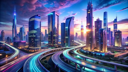 Obraz premium Futuristic metropolitan landscape with sleek skyscrapers, neon lights, and curved highways, showcasing a bustling urban center in a vibrant, high-tech environment.