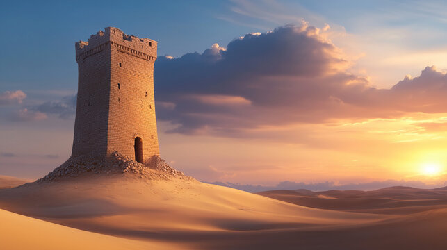 Lonely Tower in the Desert: A weathered stone tower stands sentinel in a vast, sun-drenched desert landscape, bathed in the warm glow of a setting sun.	
