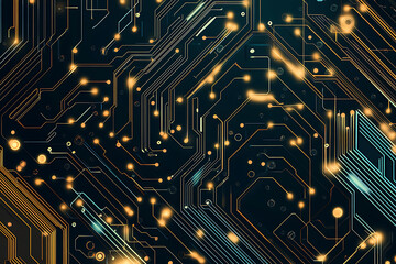  Abstract representation of a circuit board with glowing neon lines and geometric patterns against a dark background. The image evokes a high-tech, futuristic feel with ample copy space