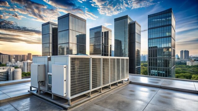 Giant rooftop HVAC unit on modern commercial building with sleek glass fa&ccedil;ade and urban cityscape in background, showcasing efficient climate control system integration.