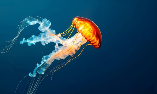 A single jellyfish swims elegantly in deep blue water, glowing with a vibrant hue