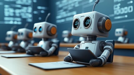 A classroom of robots learning, showcasing the future of education and artificial intelligence.