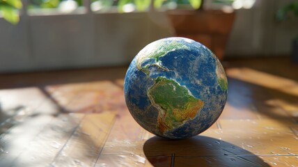 Globe in sunlight on wooden floor.