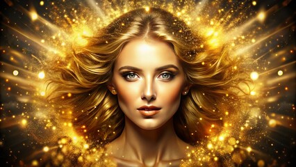 Glowing golden icon featuring a face with radiant complexion and luscious locks, surrounded by sparks and subtle light effects, exuding beauty and vitality.