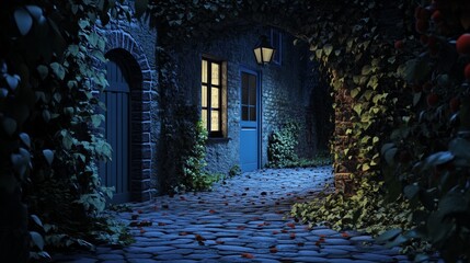Obraz premium A cobblestone path leads to a quaint house with a lit window, shrouded in the darkness of night.