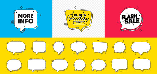 Flash sale chat speech bubble. More info tag. Navigation sign. Read description symbol. More info chat message. Black friday speech bubble banner. Offer text balloon. Vector