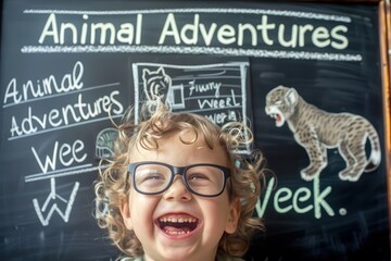 Child with tousled hair and glasses, joyful before a chalkboard that advertises Animal Adventures Week