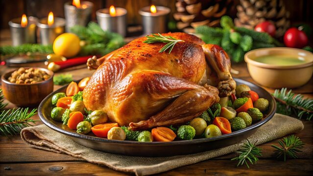 Golden-brown turkey rotating on a kitchen roaster, surrounded by perfectly glazed carrots and Brussels sprouts, against a warm, inviting holiday dinner table setting.