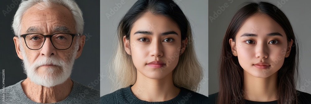 Poster Three portraits highlight the diverse faces of different generations, each with unique expressions against a neutral backdrop, reflecting their individuality and emotions. Generative AI