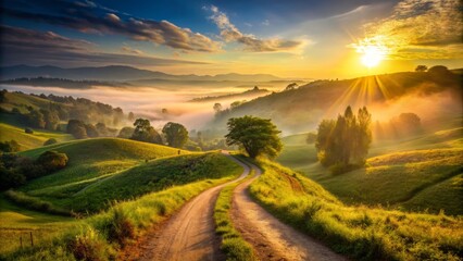 Obraz premium Golden light illuminates a winding dirt path surrounded by lush greenery, leading to a serene horizon where the sun rises over rolling hills and misty valleys.