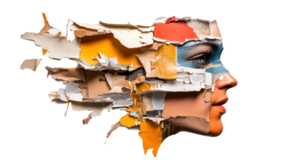 Torn Paper Portrait, Artistic face collage made of torn paper layers, Mixed Media Art.