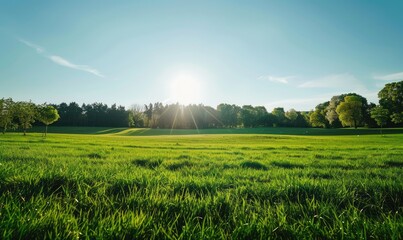 A wide, open green field extends towards the horizon with a bright sun shining in the blue sky, representing peace and natural beauty