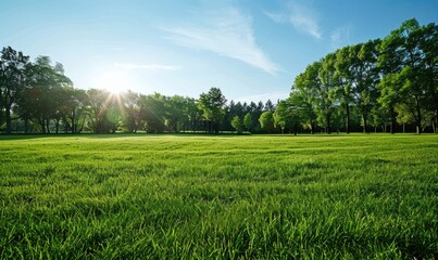 Fototapeta premium A wide, open green field extends towards the horizon with a bright sun shining in the blue sky, representing peace and natural beauty