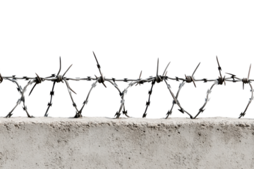 Barbed Wire Barrier, Rusty barbed wire atop a concrete wall, Isolated on black background, Security Concept.