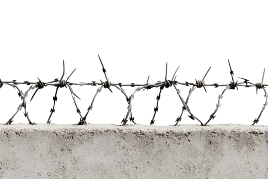 Barbed Wire Barrier, Rusty barbed wire atop a concrete wall, Isolated on black background, Security Concept.