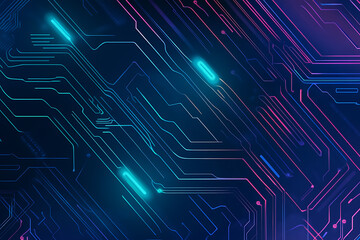  Abstract representation of a circuit board with glowing neon lines and geometric patterns against a dark background. The image evokes a high-tech, futuristic feel with ample copy space