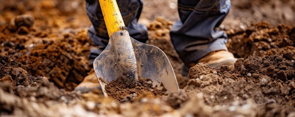 shovel being used to dig into the earth, capturing the essence of labor and manual work in digging and construction