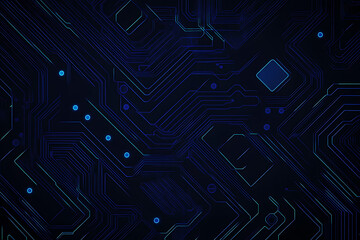  Abstract representation of a circuit board with glowing neon lines and geometric patterns against a dark background. The image evokes a high-tech, futuristic feel with ample copy space