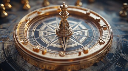 Obraz premium Golden Compass with Chess Piece