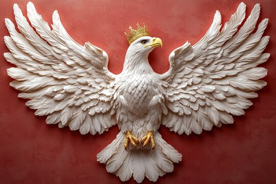 Majestic emblem: white eagle adorned with golden crown and talons, set against red background, symbolizing Polish coat of arms, celebrating spirit of Polish Independence Day.