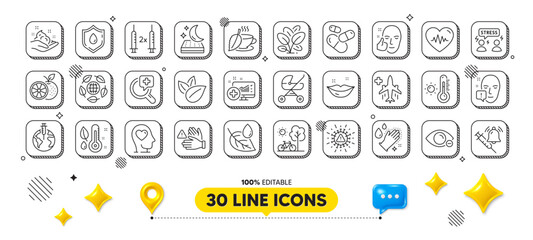 Mattress, Face attention and Medical flight line icons pack. 3d design elements. Orange, Heartbeat, Myopia web icon. Blood donation, Skin care, Spinach pictogram. Vector