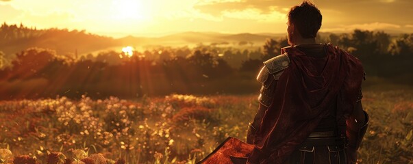 soldier standing in a field of red flowers, lit by the warm glow of an orange sunset over the horizon