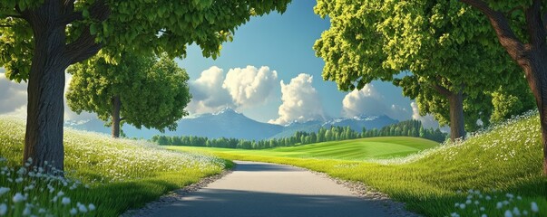 Obraz premium A winding road leads through a lush green meadow under a blue sky with fluffy clouds.