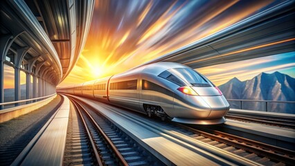 High-tech, silver bullet-shaped train zooms out of tunnel, blurring landscape, conveying futuristic transportation, velocity, and efficiency in a bright, sunlit, urban environment.