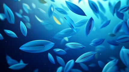 Obraz premium Abstract blue leaves floating in a blue and white light background.