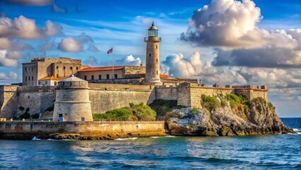Historic 16th-century Morro Castle fortification stands tall on the Malec&oacute;n waterfront in Havana, Cuba, with its stone walls and iconic lighthouse overlooking the Caribbean Sea.