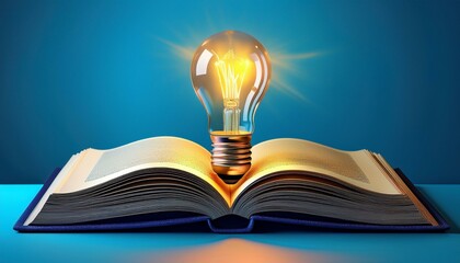 Open book with light bulb, concept of creativity and innovation, blue background, 3D illustration, AI